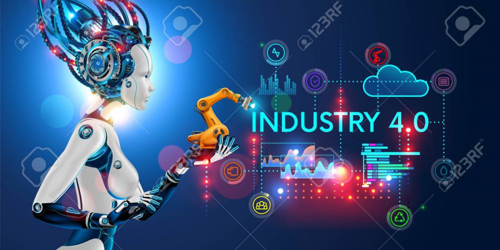 Concept Industry 4.0. Artificial intelligence automation of product manufacturing on smart factory. Ai uses intellectual management of industrial processes. Robot woman holding in palm a robotic arm Concept Industry 4.0. Artificial intelligence automation of product manufacturing on smart factory. Ai uses intellectual management of industrial processes. Robot woman holding in palm a robotic arm